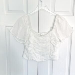 Romantic Coquette Renn Faire Kirious White Ruched Cropped Blouse Flutter Sleeve
